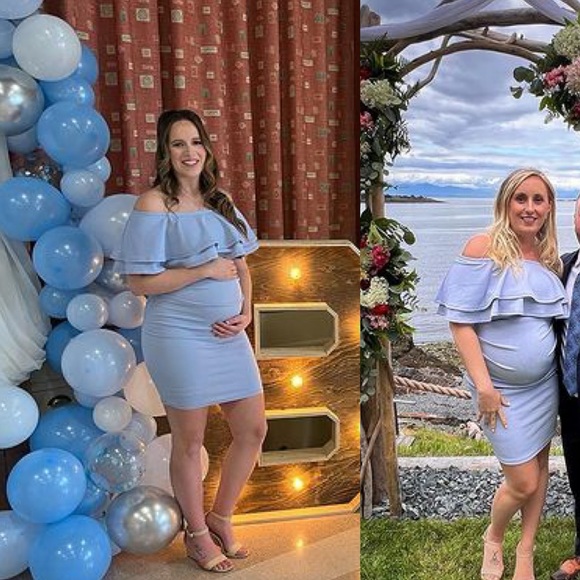 Pinkblush Light Blue Ruffle Off Shoulder Ruched Maternity Mini Dress - Picture 3 of 12